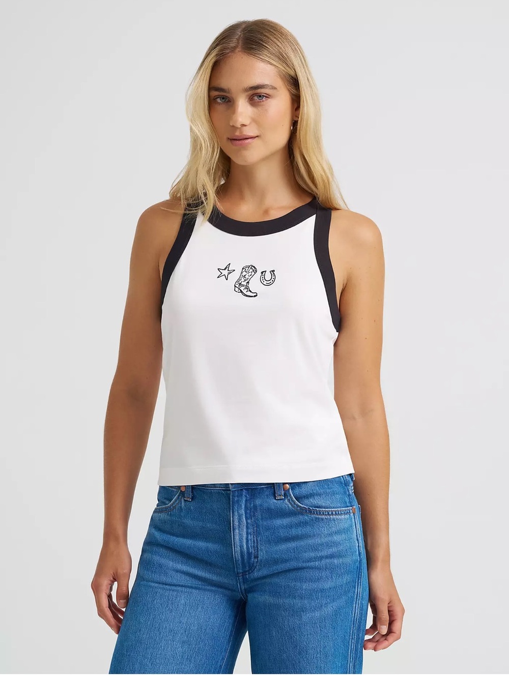 NWT Wrangler women’s retro slim tank top embroidered black white